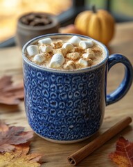 A cozy mug of hot beverage topped with marshmallows, surrounded by autumn leaves and decor.