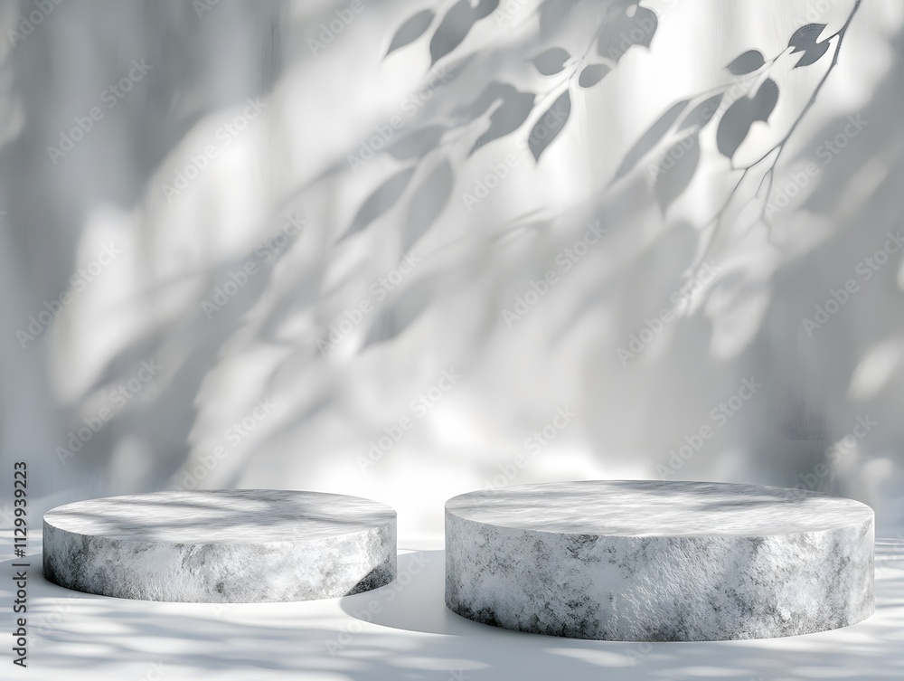 Poster two circular stone platforms in a softly lit environment with delicate shadows of leaves.