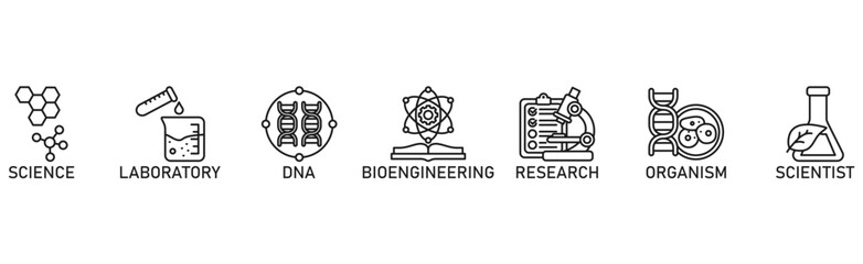 Biotechnology banner web icon vector illustration concept with icon of science, laboratory, dna, bioengineering, research, organism, and scientist