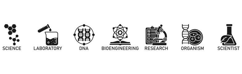 Biotechnology banner web icon vector illustration concept with icon of science, laboratory, dna, bioengineering, research, organism, and scientist