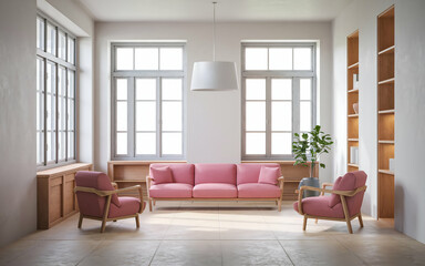 Fototapeta premium modern living room with a large pink sofa and two pink armchairs. The room has wooden , including a wooden coffee table and a bookshelf. There is a potted plant near the window