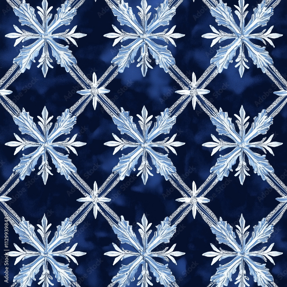 Poster repeating snowflake pattern on dark blue background