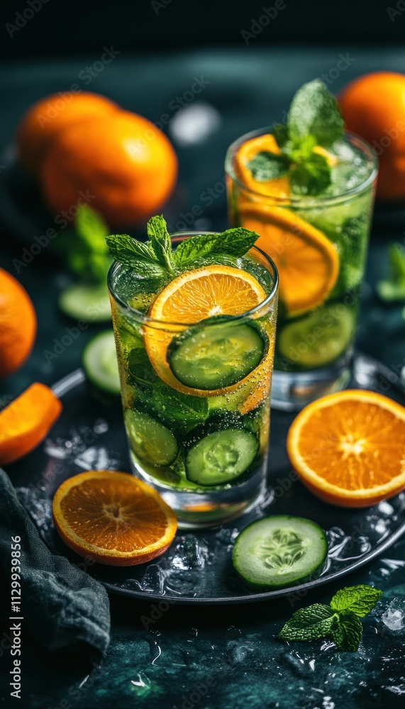 Poster refreshing drinks with cucumber and orange garnished with mint on a dark background.
