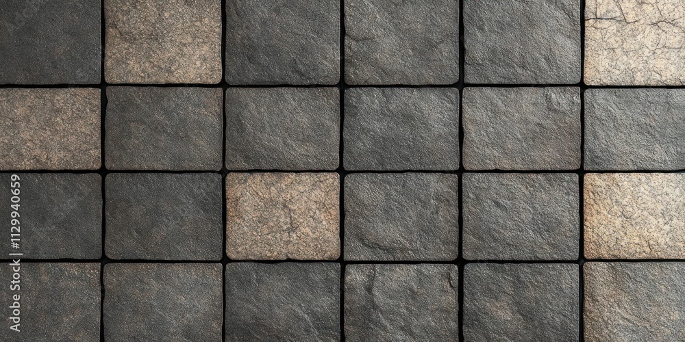 Poster close-up of textured stone tiles with intricate patterns and dramatic lighting in minimalist design