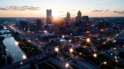 A vibrant city skyline with overlay graphics of interconnected data points,