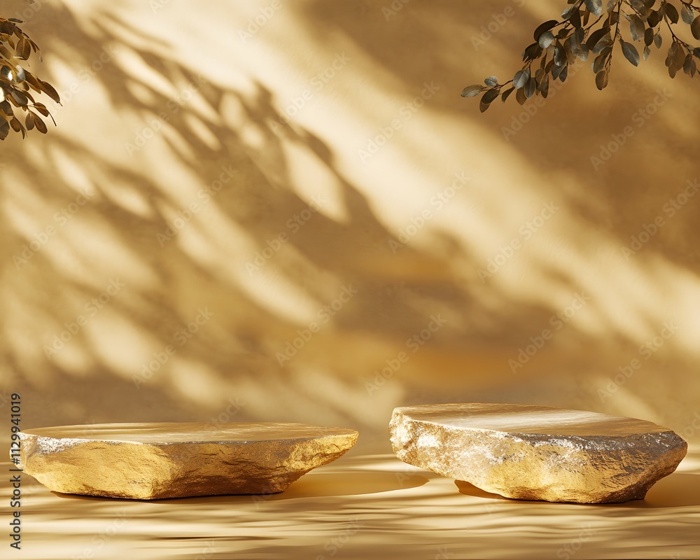 Poster two golden stone slabs on a textured warm background with soft shadows and foliage.
