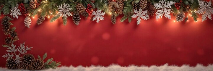 Snowflake and Pinecone Garland for Red Christmas Background, earthy tones, rustic charm, pinecones, snowflakes, festive decorations