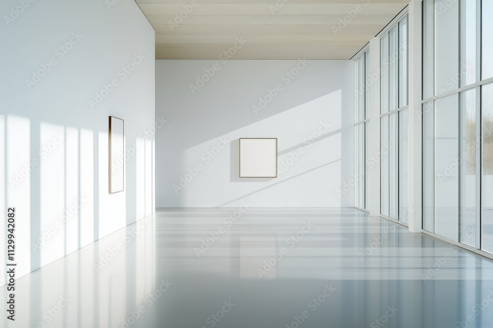Poster empty minimalist gallery space features stark white walls, polished concrete floors. dramatic shadow