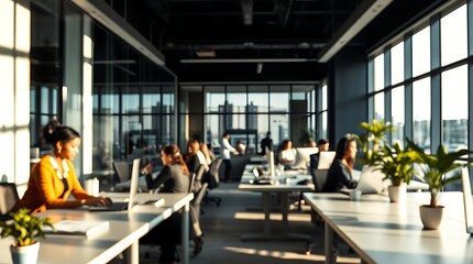 A blurred office scene with people working behind a glass wall, symbolizing a modern, dynamic workspace and focused productivity.

