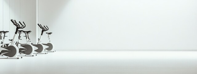 A minimalist gym space featuring stationary bikes against a plain wall.