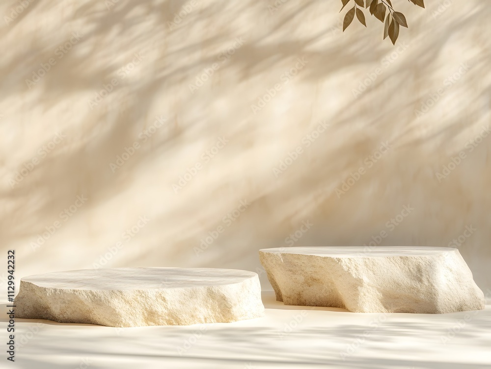 Poster two minimalist stone tables on a soft, neutral background with gentle shadows.