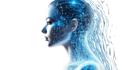 Futuristic Human Silhouette with Digital Overlay Symbolizing Technology and Innovation on White Background