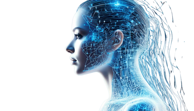 Futuristic Human Silhouette with Digital Overlay Symbolizing Technology and Innovation on White Background