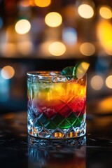 A vibrant layered cocktail in a crystal glass, showcasing colorful hues and garnished with lime.