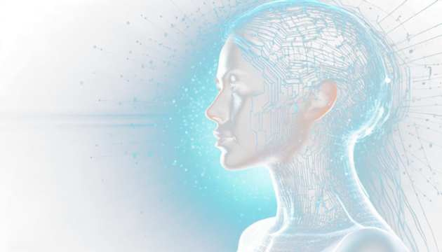 Futuristic Human Silhouette with Digital Overlay Symbolizing Technology and Innovation on White Background