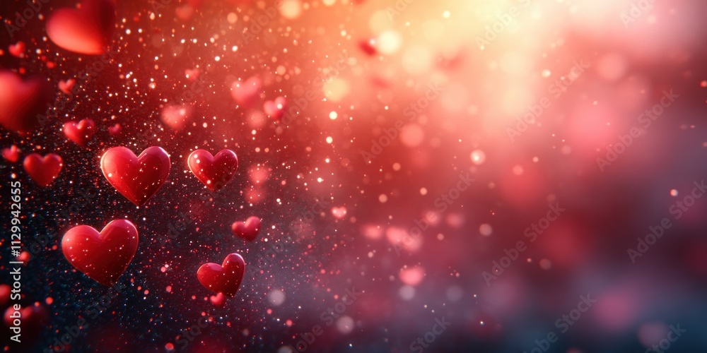 Poster valentine day background with romantic hearts and soft bokeh effect in red and pink hues