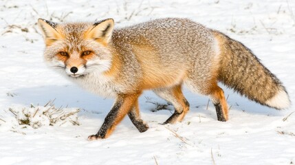 Red Fox Walking Through Snowy Winter Landscape