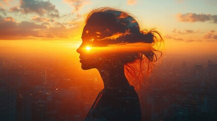 Woman Silhouette Over Cityscape and Digital Data Overlay