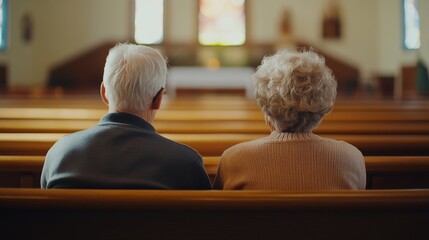 An elderly couple sitting closely together on a church bench, seen from behind, in a peaceful and reflective setting, suggesting unity, faith, and devotion.. AI Generation