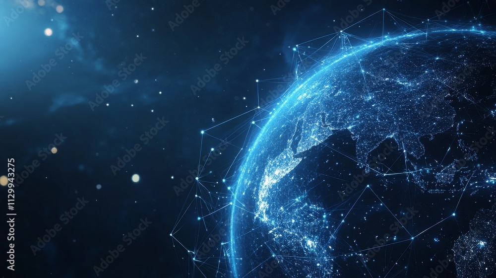 Poster a vibrant, glowing earth surrounded by a web of digital connections, representing the interconnected