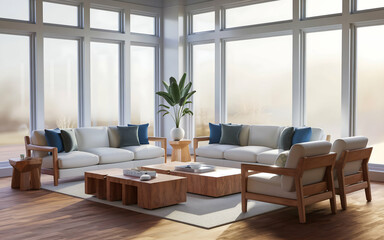 modern living room with a large blue sofa and two blue armchairs. The room has wooden , including a wooden coffee table and a bookshelf. There is a potted plant near the window