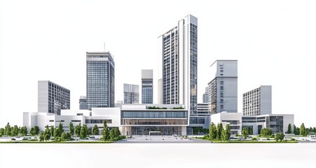 Fototapeta premium White background, city center with buildings and skyscrapers around it
