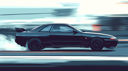 A black car driving on the road, with a blurred background. Drift. Illustration