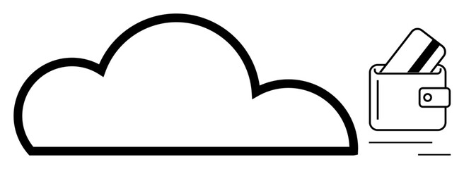 Cloud shape next to a wallet containing a credit card, representing financial transactions, online banking, or e-commerce. Ideal for fintech, cloud services, digital wallet, online purchases, secure