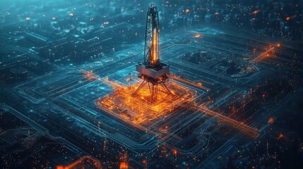Futuristic Oil Drilling Exploration Using Artificial Intelligence in a Neon Digital Landscape