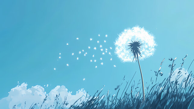 A dandelion clock being gently blown by a whispering breeze, seeds dispersing into the clear blue sky. Drift. Illustration
