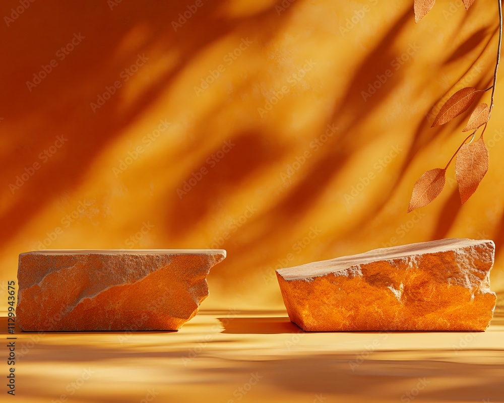 Aufkleber two orange stone-like objects on a vibrant orange backdrop with soft shadows.