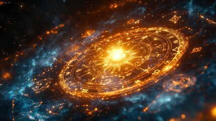 Astrology Zodiac Signs in Celestial Wheel Design with Cosmic Background and Golden Sun