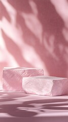 Two pink blocks on a soft pink surface with gentle shadows.