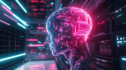 A side profile of an AI entity integrating with a glowing holographic interface, the entity's circuits visibly pulsating with bright electric hues, surrounded by a surreal space-themed backdrop blendi