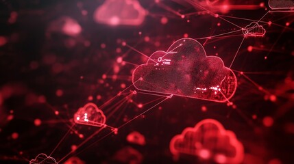 A striking red cloud illustration represents a digital network concept, highlighting the complexity of cloud computing, cybersecurity, and data storage. Perfect for modern tech applications.. AI