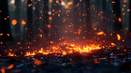 A serene moment captured as glowing embers gently drift down to the ground, leaving a trail of warmth in their wake. Drift. Illustration