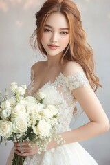 Naklejka premium Elegant Bride Holding White Rose Bouquet in Soft Pastel Wedding Dress Portrait