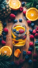 Fototapeta premium A refreshing drink with fruits, surrounded by vibrant berries and citrus slices.