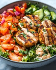 Fototapeta premium A vibrant bowl of grilled patties on a bed of greens, topped with sauce and fresh vegetables.