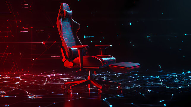 Adjustable red computer gaming chair with footrest on dark background. neural network ai generated art. Drift. Illustration