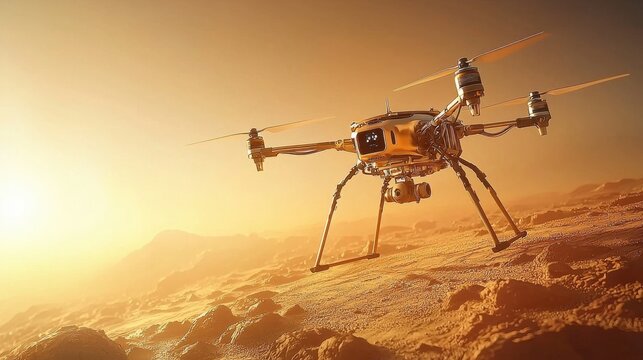 Futuristic drone exploration exoplanet surface technology showcase alien terrain aerial perspective advanced robotics