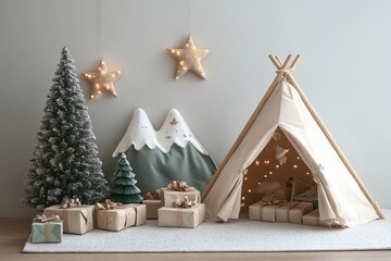 Festive indoor Christmas setup with two mountain-shaped trees, a tent, and gifts. Fairy lights and stars create a warm, elegant atmosphere for children's play.