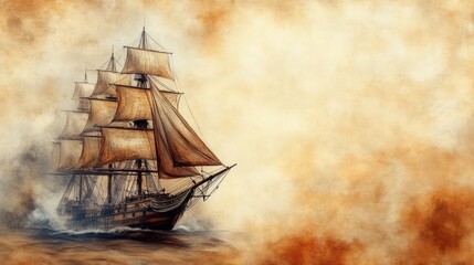 Vintage Sailing Ship Line Art Illustration on Aged Parchment Background