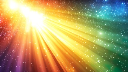 Vibrant rainbow light rays emanating from a bright center, illuminating a dark starry space background.