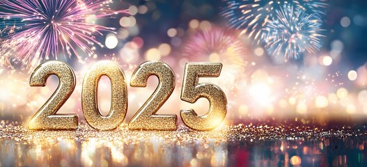 2025 New Year Celebration - Golden Numbers And Fireworks At Eve Night With Abstract Defocused Bokeh Lights,


