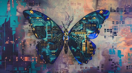 Futuristic Butterfly in Neon Cityscape Digital Art   Colorful abstract and tech inspired of a bionic butterfly against a backdrop of a glowing futuristic city skyline