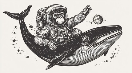 Chimpanzee Astronaut Riding a Space Whale in the Cosmos