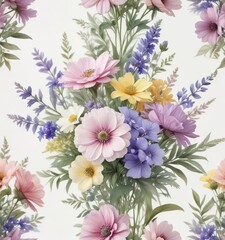 Soft pastel hues of a watercolor wild flower bouquet on a white background, artistic, elegant, delicate, pastel colors