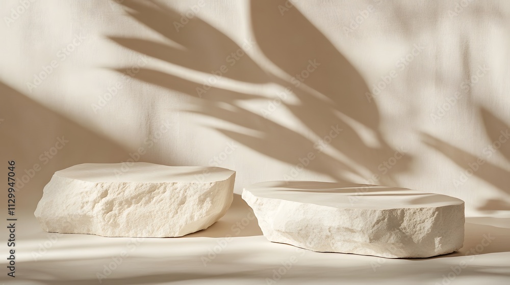 Poster two smooth, white stones on a textured surface with soft shadows.