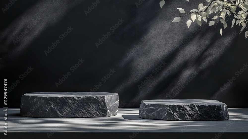 Poster two stone slabs on a minimalist surface, illuminated by soft shadows and natural light.